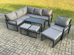 Rackhams Aluminium Outdoor Garden Furniture Set Lounge Sofa Oblong Coffee Table Sets with Chair 3 Footstools Indoor Conservatory Set Dark Grey - thumbnail 2