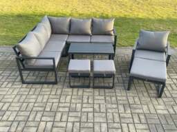 Rackhams Aluminium Outdoor Garden Furniture Set Lounge Sofa Oblong Coffee Table Sets with Chair 3 Footstools Indoor Conservatory Set Dark Grey - thumbnail 1
