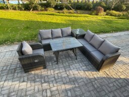 Rackhams Outdoor Lounge Sofa Set Wicker PE Rattan Garden Furniture Set with Rectangular Dining Table Reclining Chair Side Table Dark Grey Mixed - thumbnail 2