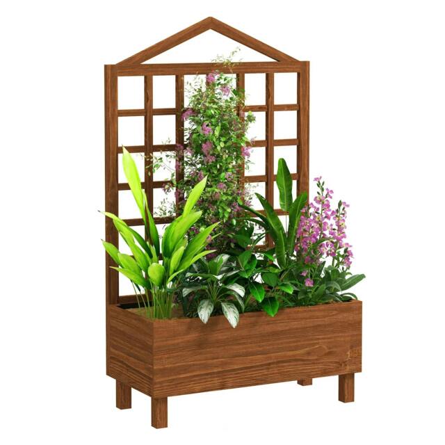 Rackhams Garden Planters with Trellis for Vine Climbing, Distressed Wooden Raised Beds, 90x43x150cm, Brown