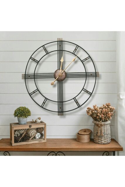 Rackhams 60cm Dia Round Skeleton Metal Wall Clock with Gold Needles - Black - image 1