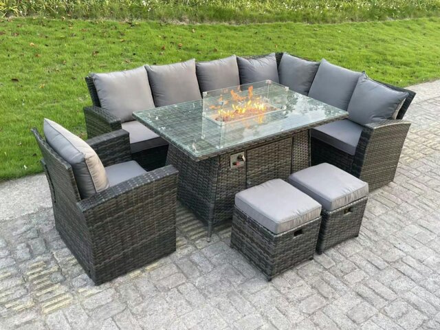 Rackhams High Back Rattan Garden Furniture Sets Gas Fire Pit Dining Table Gas Heater Set Right Corner Sofa Small Footstools Chair 9 Seater - image 1