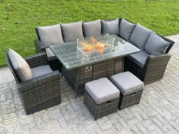 Rackhams High Back Rattan Garden Furniture Sets Gas Fire Pit Dining Table Gas Heater Set Right Corner Sofa Small Footstools Chair 9 Seater - thumbnail 2