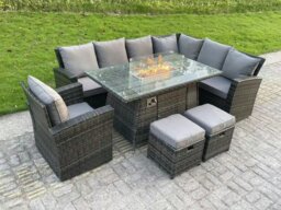 Rackhams High Back Rattan Garden Furniture Sets Gas Fire Pit Dining Table Gas Heater Set Right Corner Sofa Small Footstools Chair 9 Seater - thumbnail 1