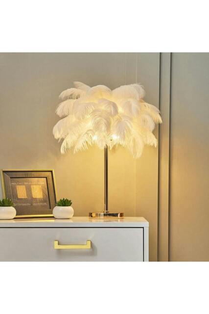 Rackhams G4 Modern White Feather Lampshade Table Lamp Fixtures Decor - Warm Light - Multi - One Size - image 1