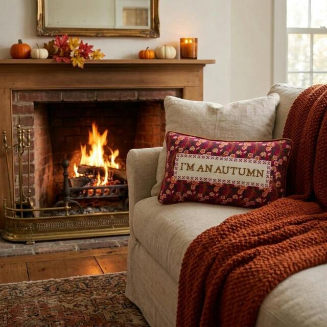 Rackhams 'I'm An Autumn' Needlepoint Pillow - Polyester/Velvet/Wool - H22.9 x W38.1 x D12.7cm, 0.498kg