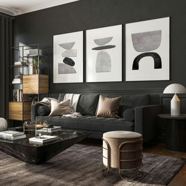 Rackhams Abstract Painting Black And White - Set of 3 wall art prints - 12 x 16 inches / 30.5 x 40.65 cm - Polyester Canvas 260 gsm - Canvas wrapped - image 1
