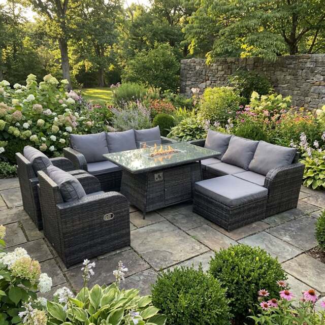 Rackhams 9 Seater Rattan Garden Furniture Set with Gas Fire Pit Table, 2 Sofas, 3 Reclining Chairs, Large Footstool - Dark Grey - image 1