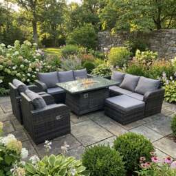 Rackhams 9 Seater Rattan Garden Furniture Set with Gas Fire Pit Table, 2 Sofas, 3 Reclining Chairs, Large Footstool - Dark Grey - thumbnail 1