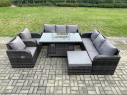 Rackhams 9 Seater Rattan Garden Furniture Set with Gas Fire Pit Table, 2 Sofas, 3 Reclining Chairs, Large Footstool - Dark Grey - thumbnail 3