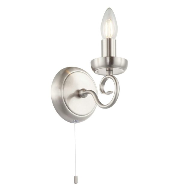 Rackhams Traditional Satin Nickel Wall Light with Scroll Arm and Pull Switch - image 1