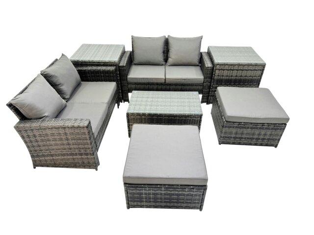 Rackhams 6 Seater Wicker PE Rattan Furniture Outdoor Coffee Table Double Seat Sofa 2 Big Stool 2 Side Tables Set Dark Grey Mixed - image 1