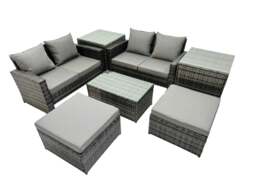 Rackhams 6 Seater Wicker PE Rattan Furniture Outdoor Coffee Table Double Seat Sofa 2 Big Stool 2 Side Tables Set Dark Grey Mixed - thumbnail 2