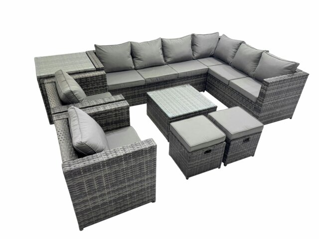 Rackhams Outdoor PE Rattan Garden Furniture Sofa Set with Square Coffee Table 2 Small Stools 2 Chair Side Table Dark Grey - image 1