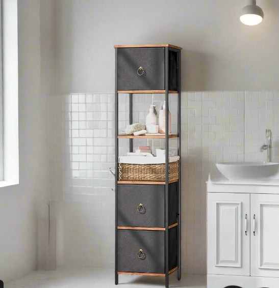 Rackhams Tall Narrow Corner Storage Cabinet – 3 Fabric Drawers & 2 Open Shelves, Slim Bathroom Unit - image 1