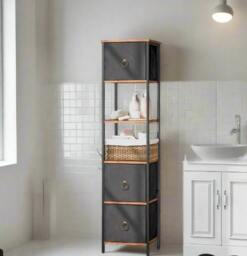 Rackhams Tall Narrow Corner Storage Cabinet – 3 Fabric Drawers & 2 Open Shelves, Slim Bathroom Unit