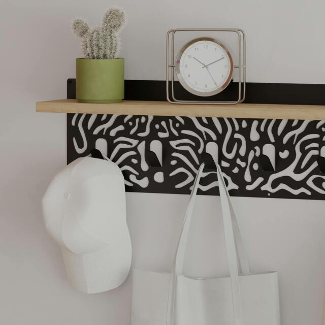 Rackhams Novo Wall-Mounted Coat Rack Metal 7 Hooks and Open Shelf Storage Space, Hallway, Bedroom (Black Metal) - Oak - image 1