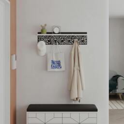 Rackhams Novo Wall-Mounted Coat Rack Metal 7 Hooks and Open Shelf Storage Space, Hallway, Bedroom (Black Metal) - Oak - thumbnail 2