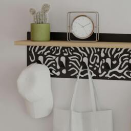 Rackhams Novo Wall-Mounted Coat Rack Metal 7 Hooks and Open Shelf Storage Space, Hallway, Bedroom (Black Metal) - Oak - thumbnail 1