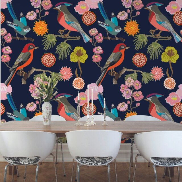 Rackhams Floral Birds Wall Mural - Ink - Ink - Large - W350cm x H280cm - image 1