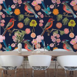 Rackhams Floral Birds Wall Mural - Ink - Ink - Large - W350cm x H280cm - thumbnail 1