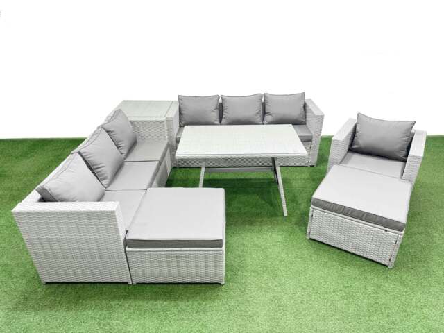 Rackhams Outdoor Rattan Garden Furniture Dining Set 9 seater Patio Rectangular Table 3 Seater Sofa Armchair Set with Side Table 2 Big Stools - image 1