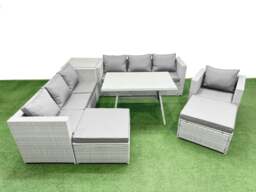 Rackhams Outdoor Rattan Garden Furniture Dining Set 9 seater Patio Rectangular Table 3 Seater Sofa Armchair Set with Side Table 2 Big Stools - thumbnail 1