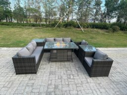 Rackhams Outdoor Rattan Garden Furniture Gas Fire Pit Dining Table Sets Gas Heater Lounge Chairs Side Tables Dark Mixed Grey 8 Seater - thumbnail 3