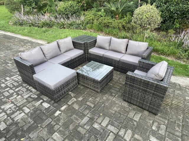Rackhams 8 Seater Dark Grey Mixed Rattan Outdoor Sofa Set - Armchair, Square Coffee Table & Footstool - image 1