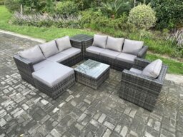 Rackhams 8 Seater Dark Grey Mixed Rattan Outdoor Sofa Set - Armchair, Square Coffee Table & Footstool - thumbnail 1