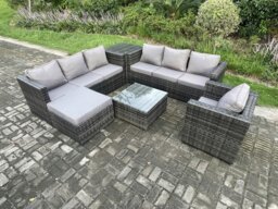 Rackhams 8 Seater Dark Grey Mixed Rattan Outdoor Sofa Set - Armchair, Square Coffee Table & Footstool - thumbnail 2