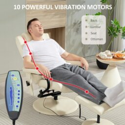 Rackhams Massage Recliner Chair Cushioned Ottoman 10 Point Vibration Cream - Round base - Cream White - PU leather - thumbnail 3