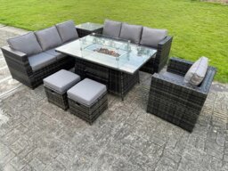 Rackhams 9 Seater Rattan Garden Furniture Set with Gas Fire Pit Table, Corner Sofa, Arm Chair & 2 Footstools - Dark Grey - thumbnail 2