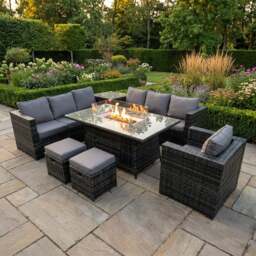Rackhams 9 Seater Rattan Garden Furniture Set with Gas Fire Pit Table, Corner Sofa, Arm Chair & 2 Footstools - Dark Grey - thumbnail 1