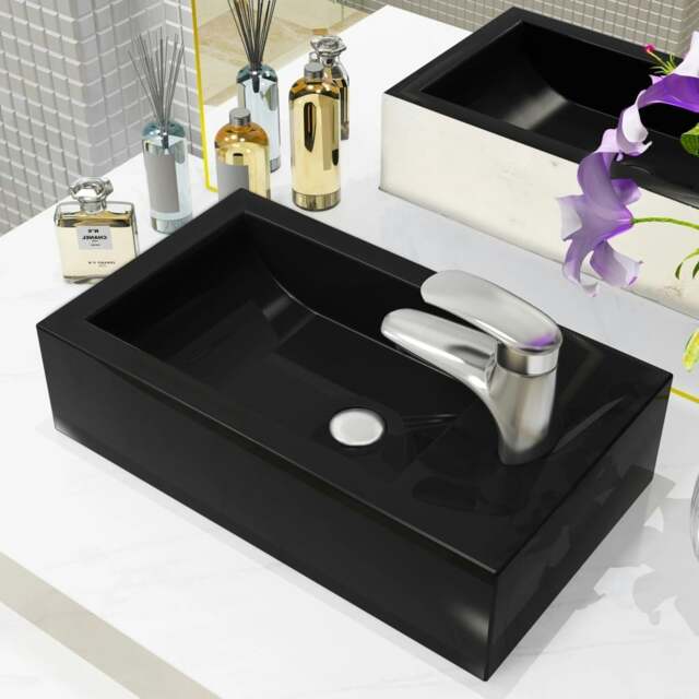 Rackhams Basin with Faucet Hole Rectangular Ceramic Black 46x25.5x12 cm