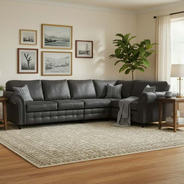 Rackhams Oakland Long 5 Seater Leather Corner Sofa Chesterfield Style - Charcoal - Right Hand Facing - image 1
