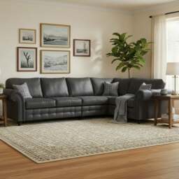 Rackhams Oakland Long 5 Seater Leather Corner Sofa Chesterfield Style - Charcoal - Right Hand Facing - thumbnail 1