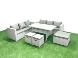 Rackhams Rattan Garden Furniture Set 9 Seater Outdoor Sofa Set with Dining Table 3 Footstools Light Grey Mixed - thumbnail 2