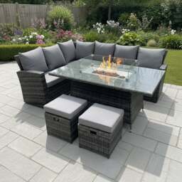 Rackhams 8 Seater High Back Rattan Garden Furniture Set with Gas Fire Pit Dining Table, Left Corner Sofa & 2 Footstools - Dark Grey - thumbnail 1