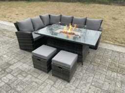 Rackhams 8 Seater High Back Rattan Garden Furniture Set with Gas Fire Pit Dining Table, Left Corner Sofa & 2 Footstools - Dark Grey - thumbnail 2