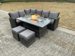 Rackhams 8 Seater High Back Rattan Garden Furniture Set with Gas Fire Pit Dining Table, Left Corner Sofa & 2 Footstools - Dark Grey - thumbnail 3