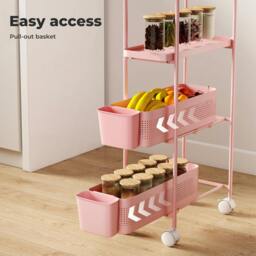 Rackhams 4 Tier Kitchen Storage Trolley Cart on Wheels for Narrow Space Metal Pink - thumbnail 4