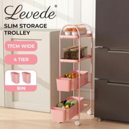 Rackhams 4 Tier Kitchen Storage Trolley Cart on Wheels for Narrow Space Metal Pink - thumbnail 2