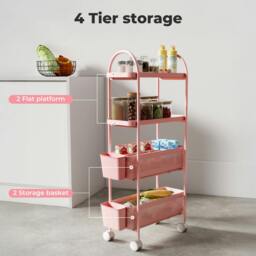 Rackhams 4 Tier Kitchen Storage Trolley Cart on Wheels for Narrow Space Metal Pink - thumbnail 5