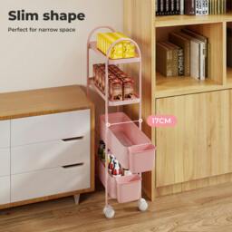 Rackhams 4 Tier Kitchen Storage Trolley Cart on Wheels for Narrow Space Metal Pink - thumbnail 3