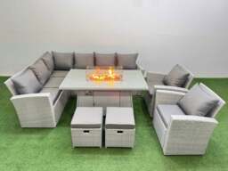 Rackhams Rattan Corner Sofa Chair Set Outdoor Furniture Garden Dining Sets Gas Fire Pit Table with Temper Glass 2 Footstools Light Grey Mixed - thumbnail 2