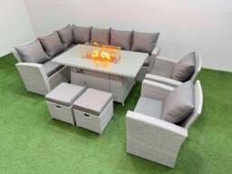 Rackhams Rattan Corner Sofa Chair Set Outdoor Furniture Garden Dining Sets Gas Fire Pit Table with Temper Glass 2 Footstools Light Grey Mixed - thumbnail 1