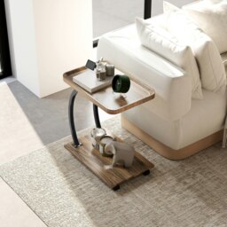 Rackhams C Shaped Side Table with Storage & Wheels for Living Room, Brown - 52L x 34W cm - MDF, Steel - Side table - thumbnail 1