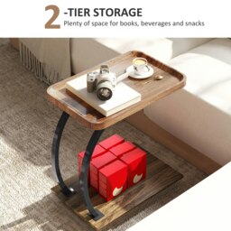 Rackhams C Shaped Side Table with Storage & Wheels for Living Room, Brown - 52L x 34W cm - MDF, Steel - Side table - thumbnail 4