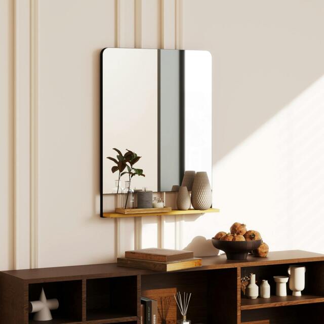 Rackhams Decorative Mirror with Wood Shelf, Industrial Wall Mirror, Black - 80 x 60 x 10 cm - Wall Mirror - Black - image 1